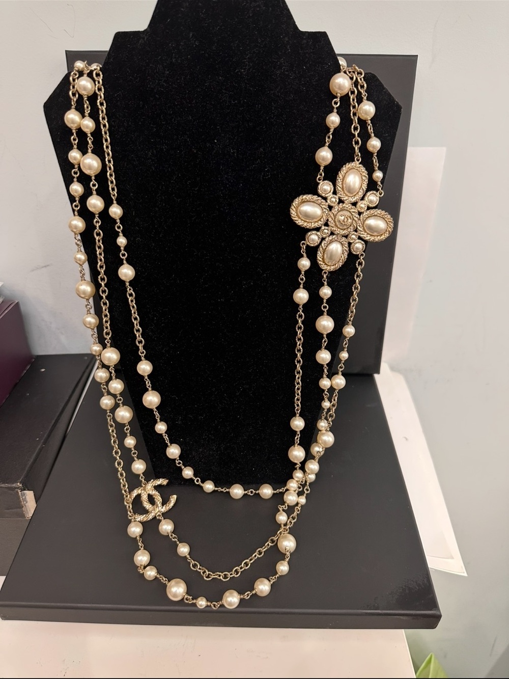 CHANEL Gold Tone Pearl Multi-Strand Necklace with Floral Medallion